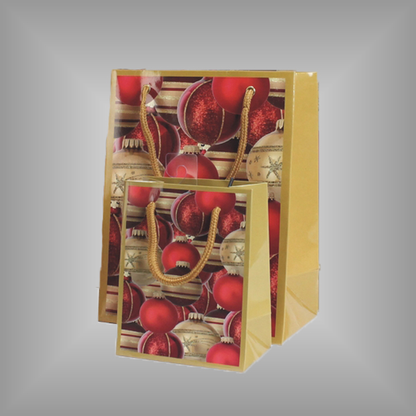 12 Papierlacktaschen "Rote Kugeln" mit Kordelgriff 17x11x22 cm